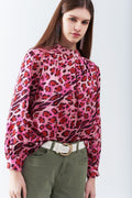 Blusa de Manga Comprida em Estampa de Leopardo Fúcsia Moderna
