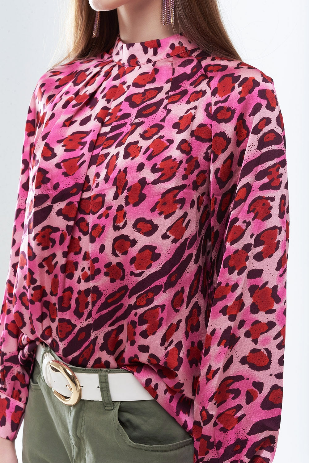 Blusa de Manga Comprida em Estampa de Leopardo Fúcsia Moderna
