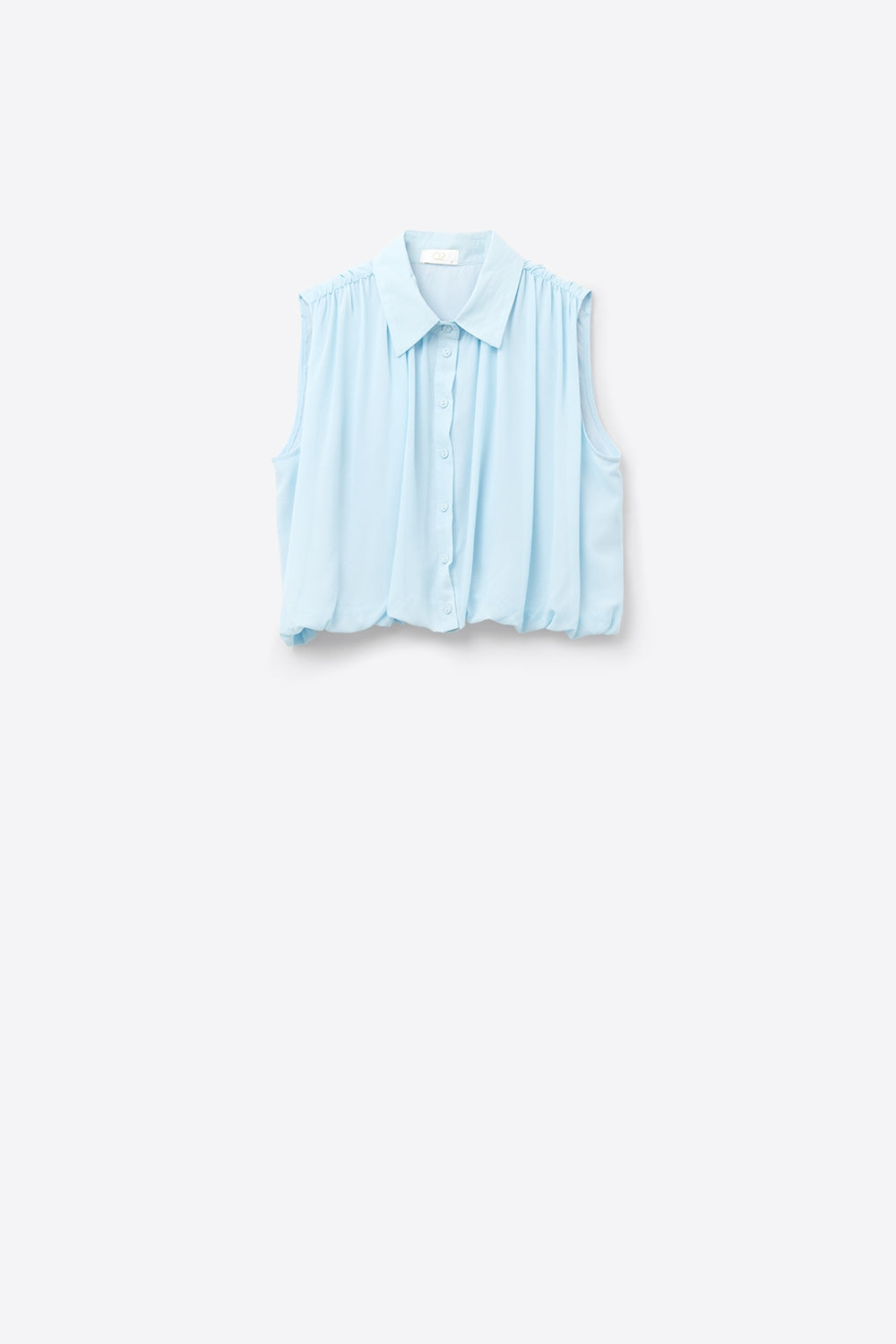blusa de chiffon azul bebé com pregas na bainha