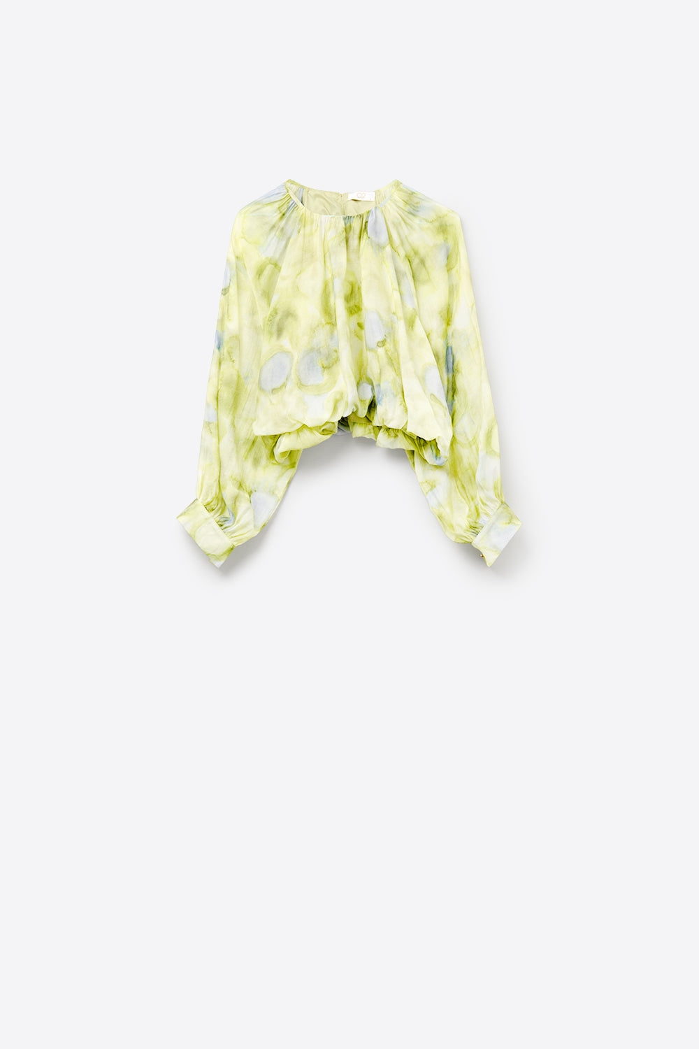 blusa de chiffon estampada verde com mangas bufantes