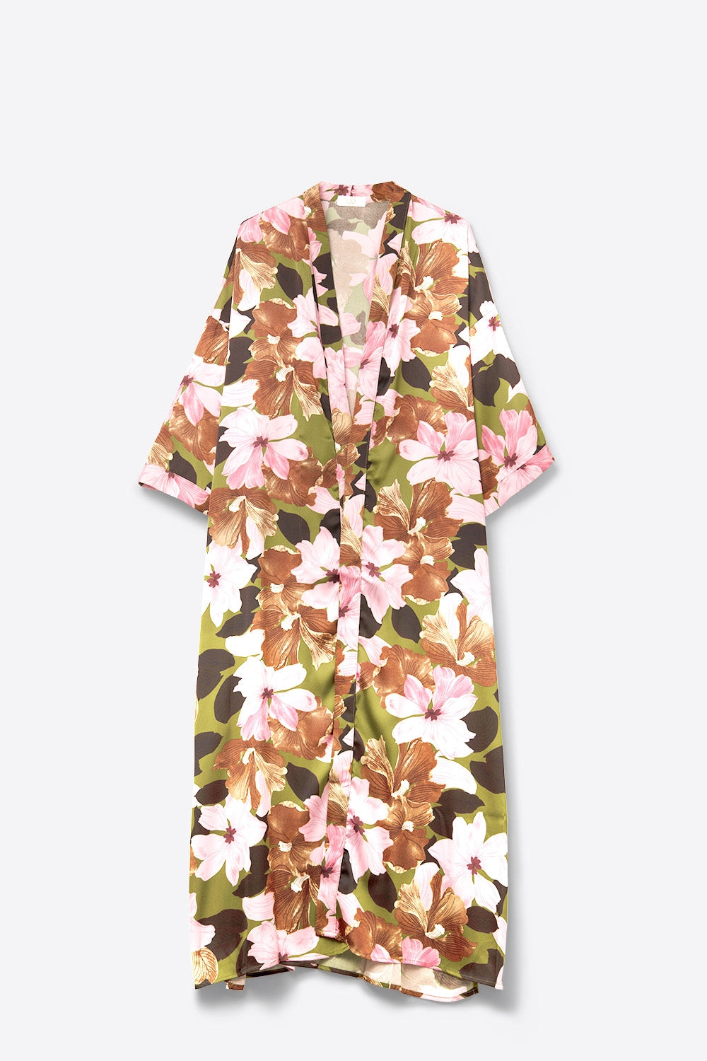 Kimono de cetim com flores tropicais em verde azeitona