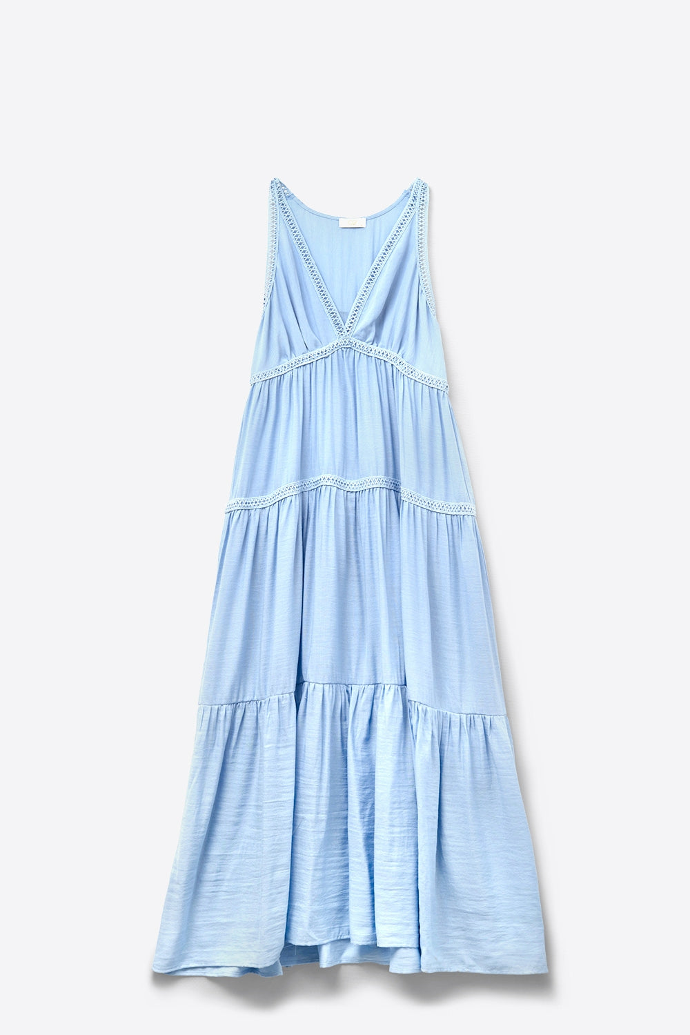 Vestido maxi fluido com inserções de renda em azul claro