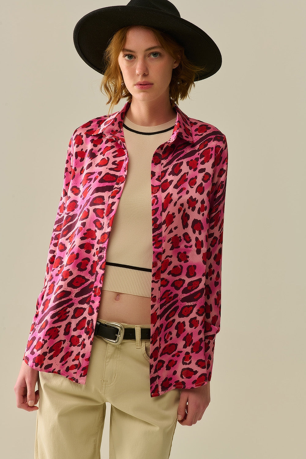 Camisa com Botões em Estampa de Leopardo Fúcsia