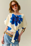 Blusa Branca Cropped Com Estampa Floral Tropical Azul