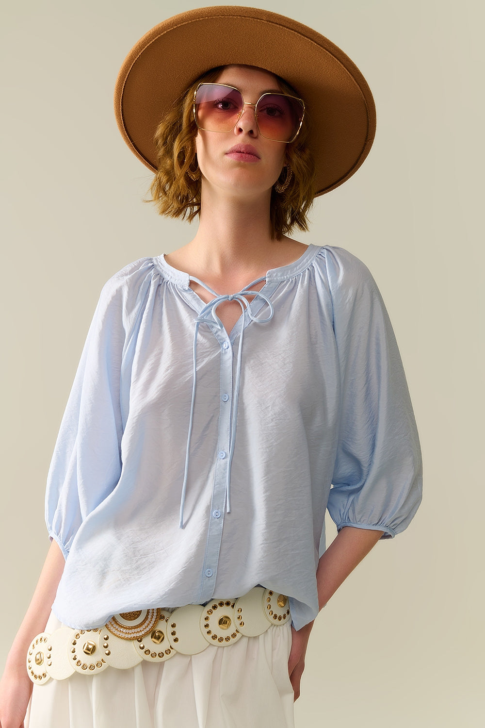 Top de Chiffon Azul Bebê com Mangas Bufantes
