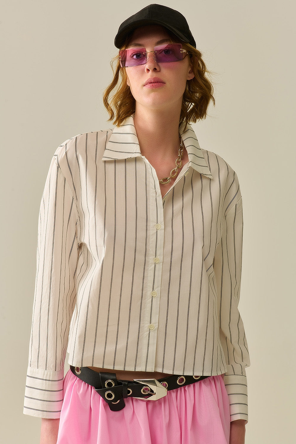 camisa cropped de popelina branca com listras