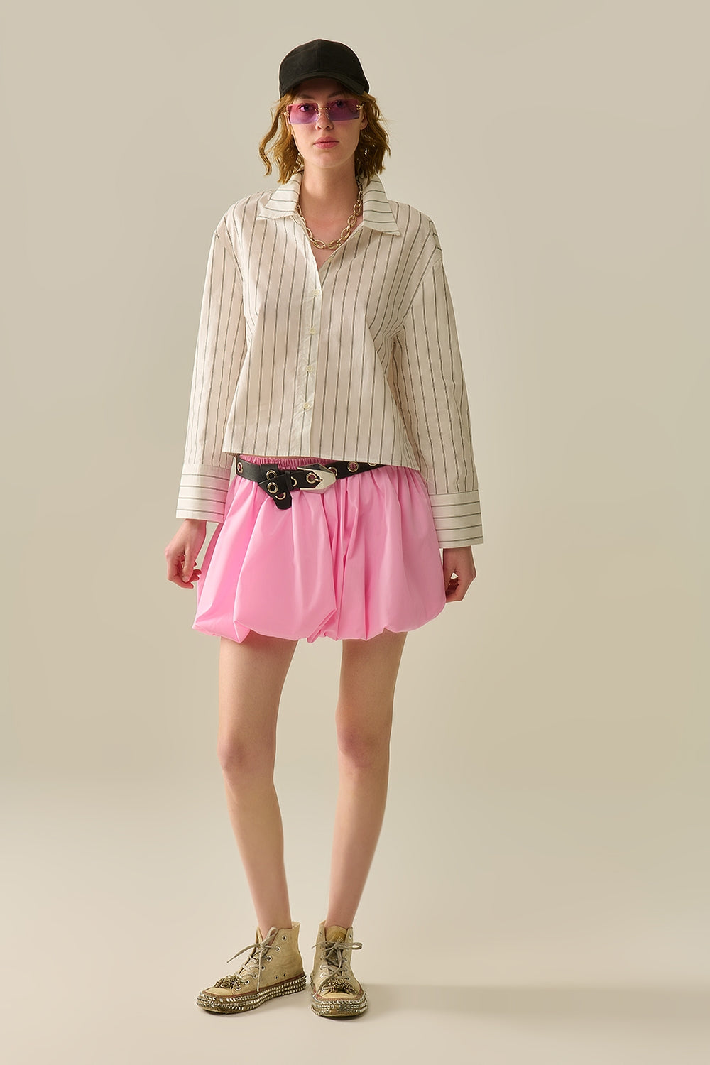 camisa cropped de popelina branca com listras