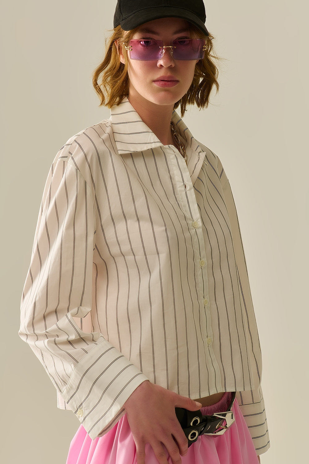 camisa cropped de popelina branca com listras