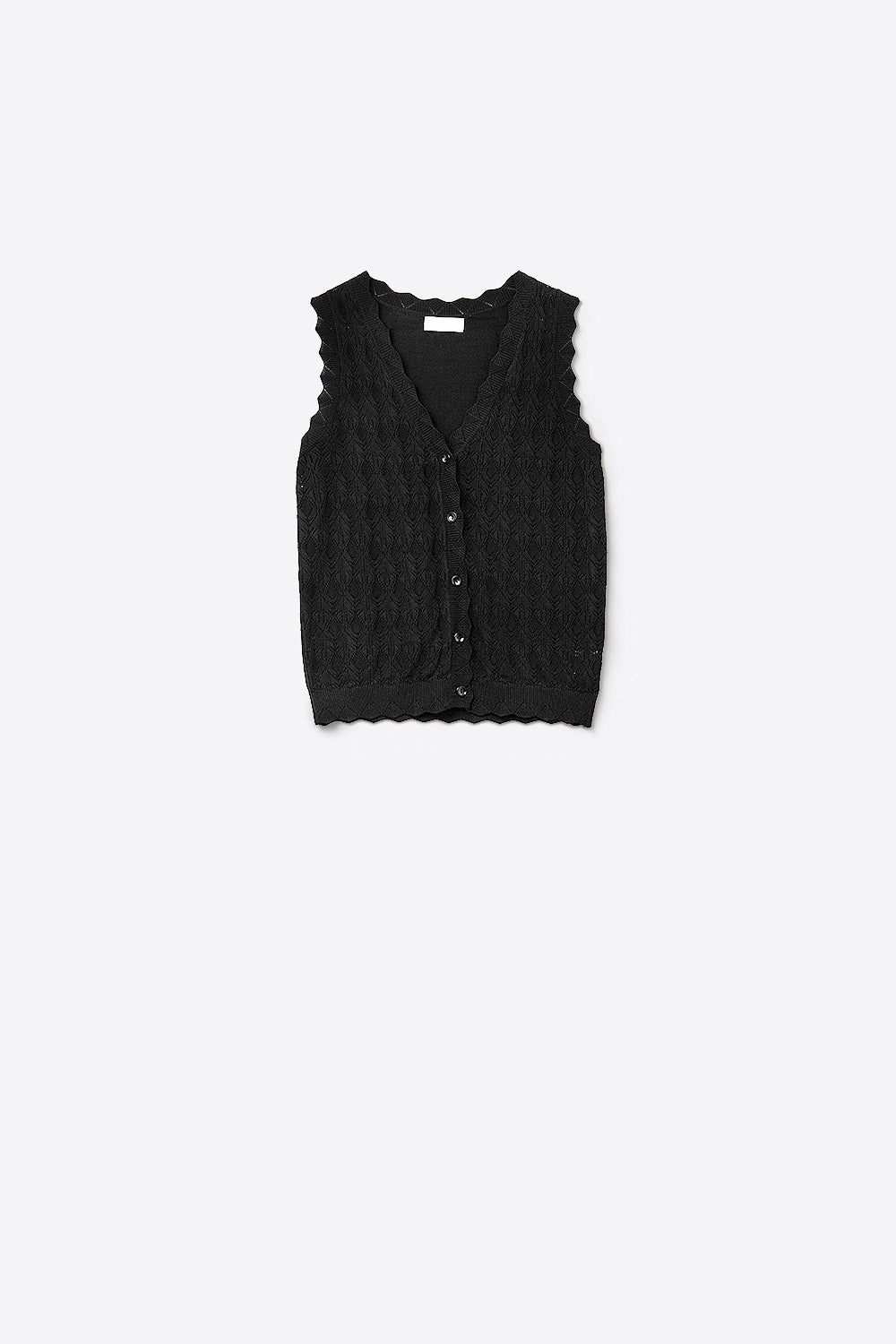 Colete de Malha Pointelle com Bordas Onduladas em Preto