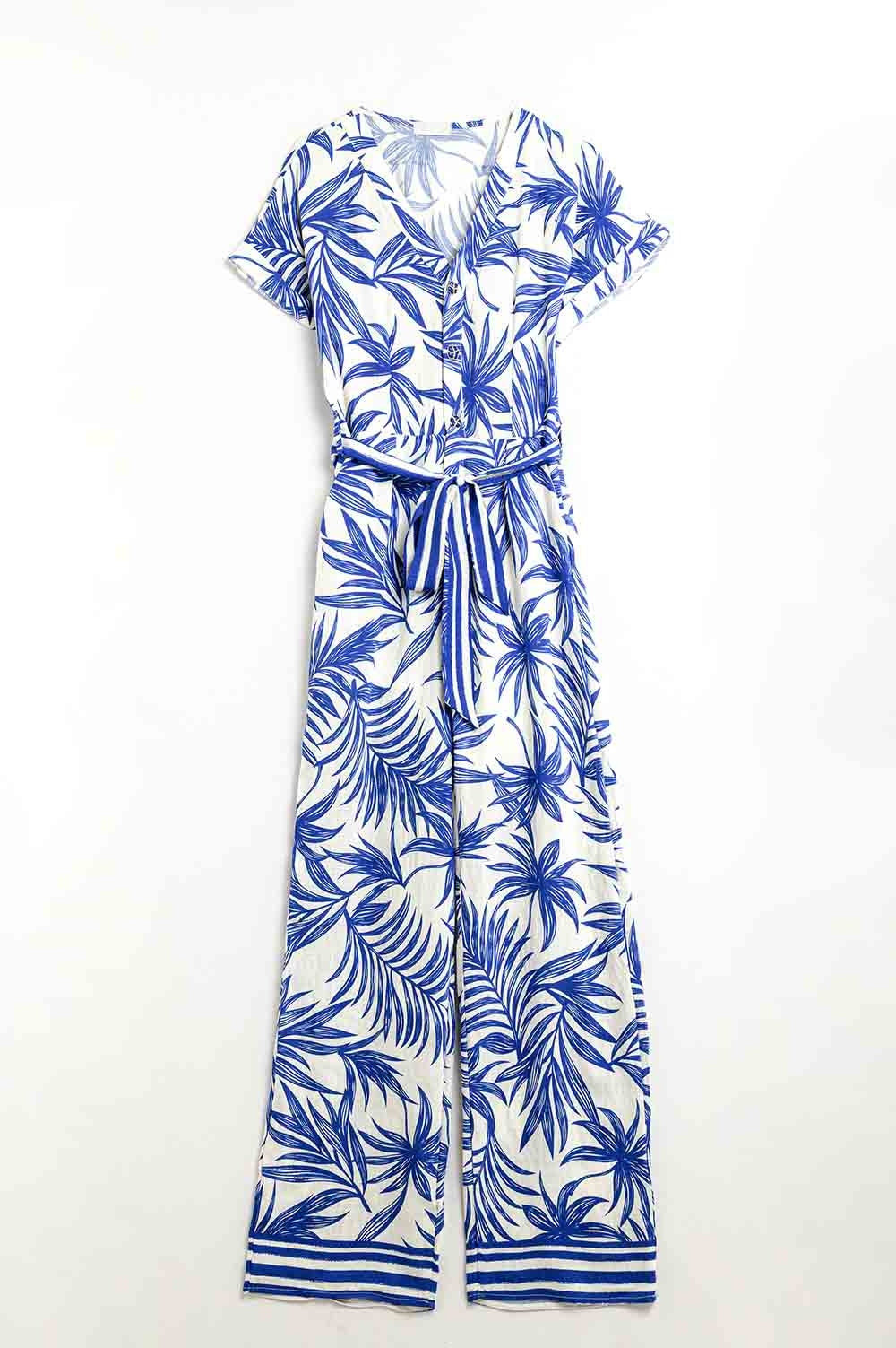 Macacão de Manga Curta com Motivo Tropical em azul e branco