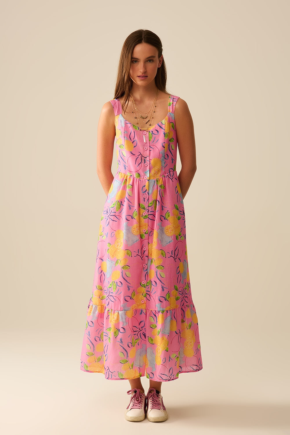 Vestido maxi sem mangas rosa com estampa de limão