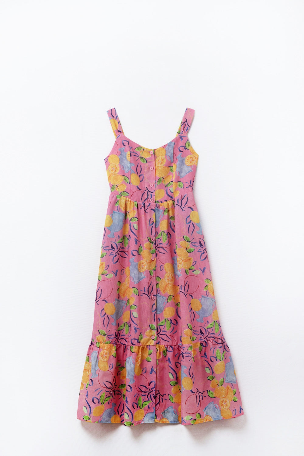Vestido maxi sem mangas rosa com estampa de limão