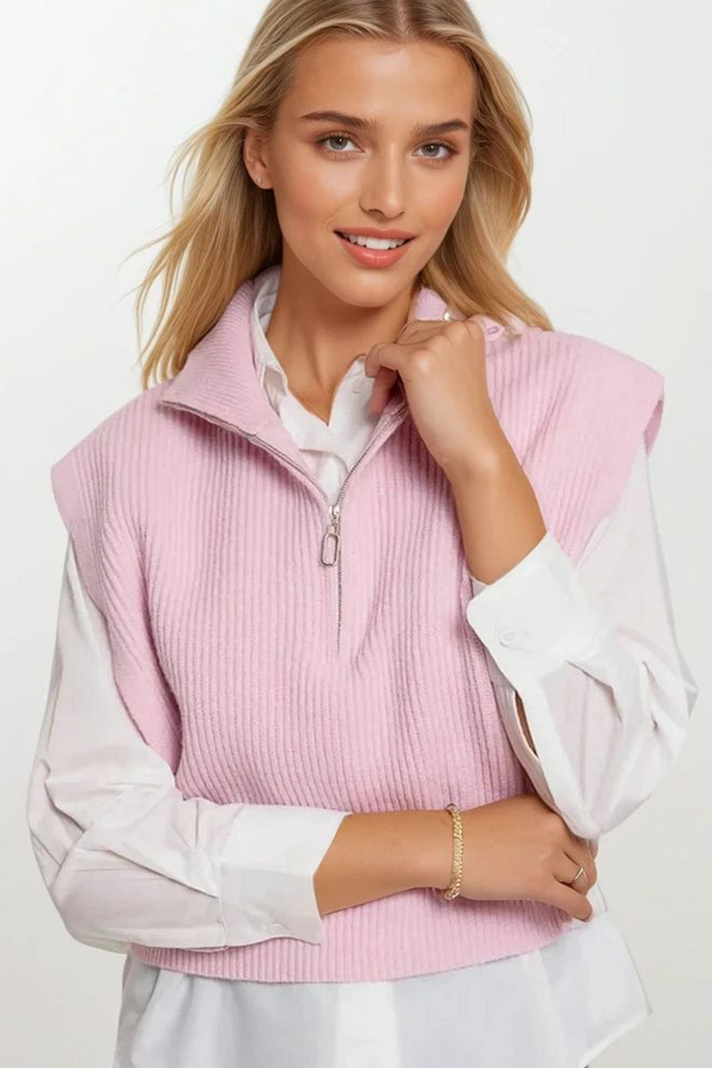 Colete de Malha com Gola Alta em Meia-Zip e Grandes Cavas em rosa