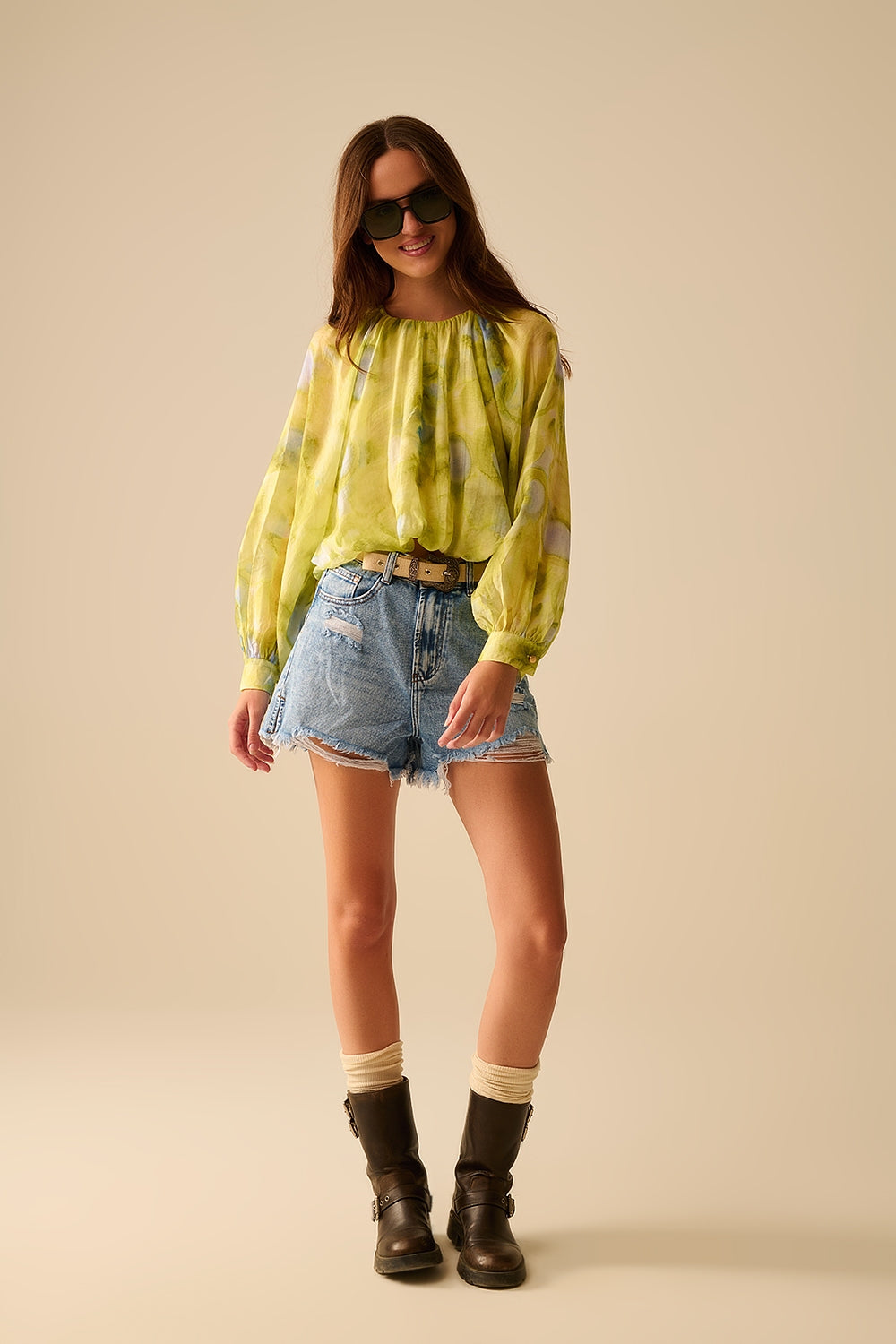 blusa de chiffon estampada verde com mangas bufantes