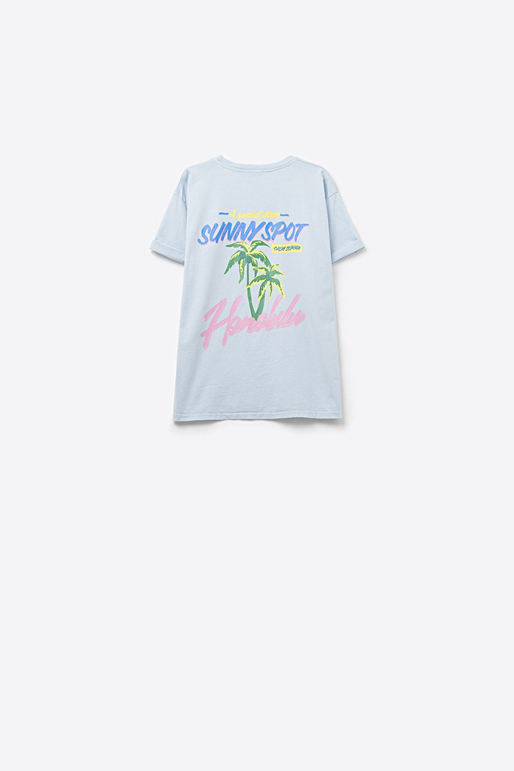 T-shirt azul fabricada em Itália com gráfico de Honolulu