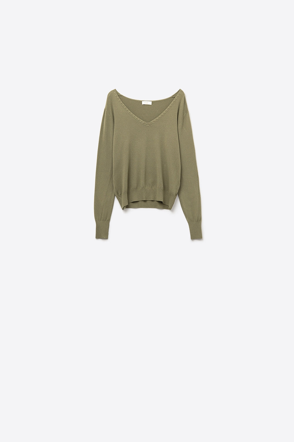 Camisola de malha fina com decote em V e pormenores decorativos no decote em cor caqui