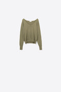 Camisola de malha fina com decote em V e pormenores decorativos no decote em cor caqui