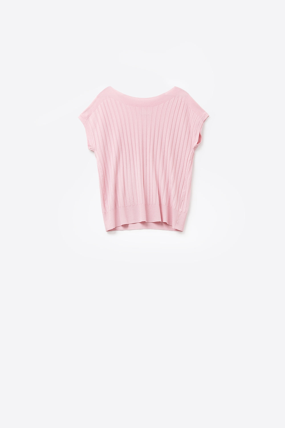 Camisola de malha canelada fina cor-de-rosa com gola em barco