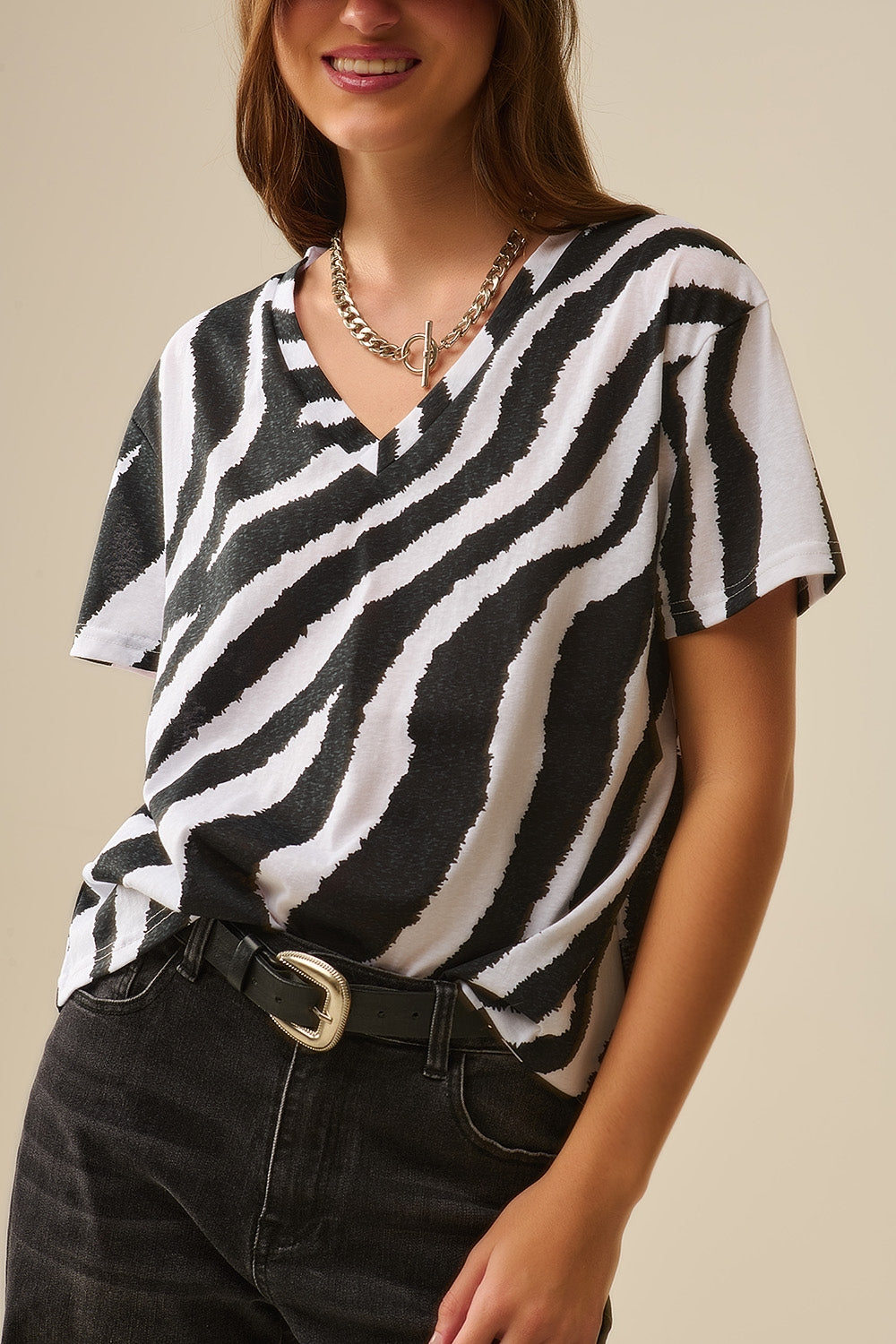 T-shirt com decote em V e estampado de zebra preto