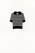 Camisola às riscas pretas e brancas com gola polo