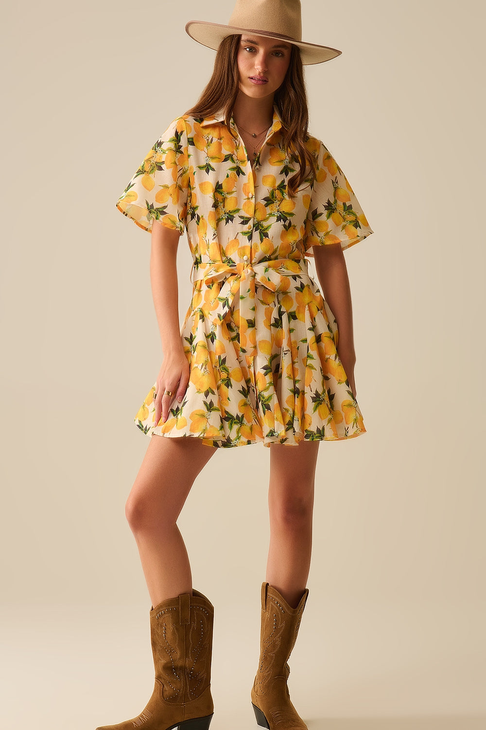 Vestido romântico com cintura e estampa de limão e mangas curtas
