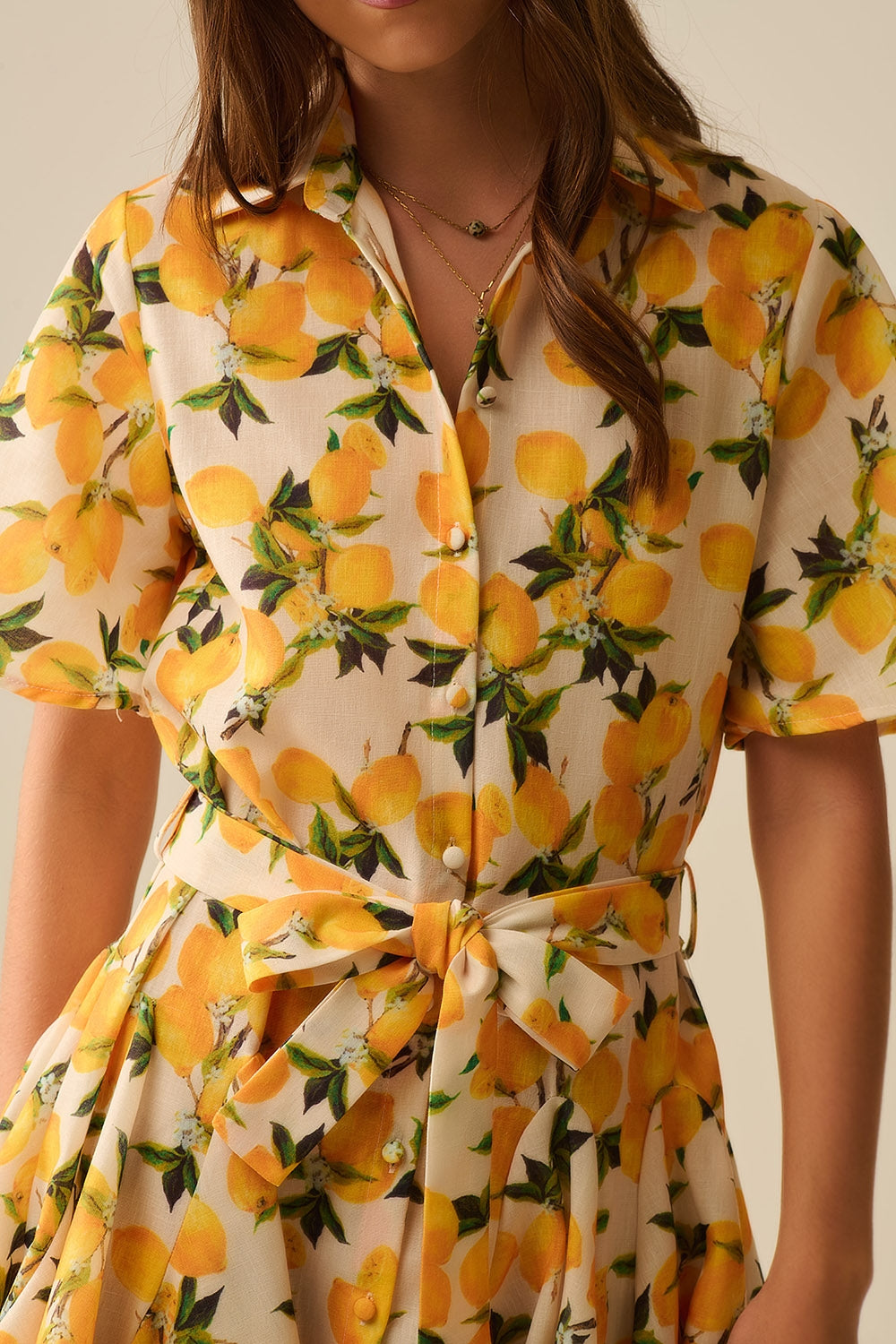 Vestido romântico com cintura e estampa de limão e mangas curtas