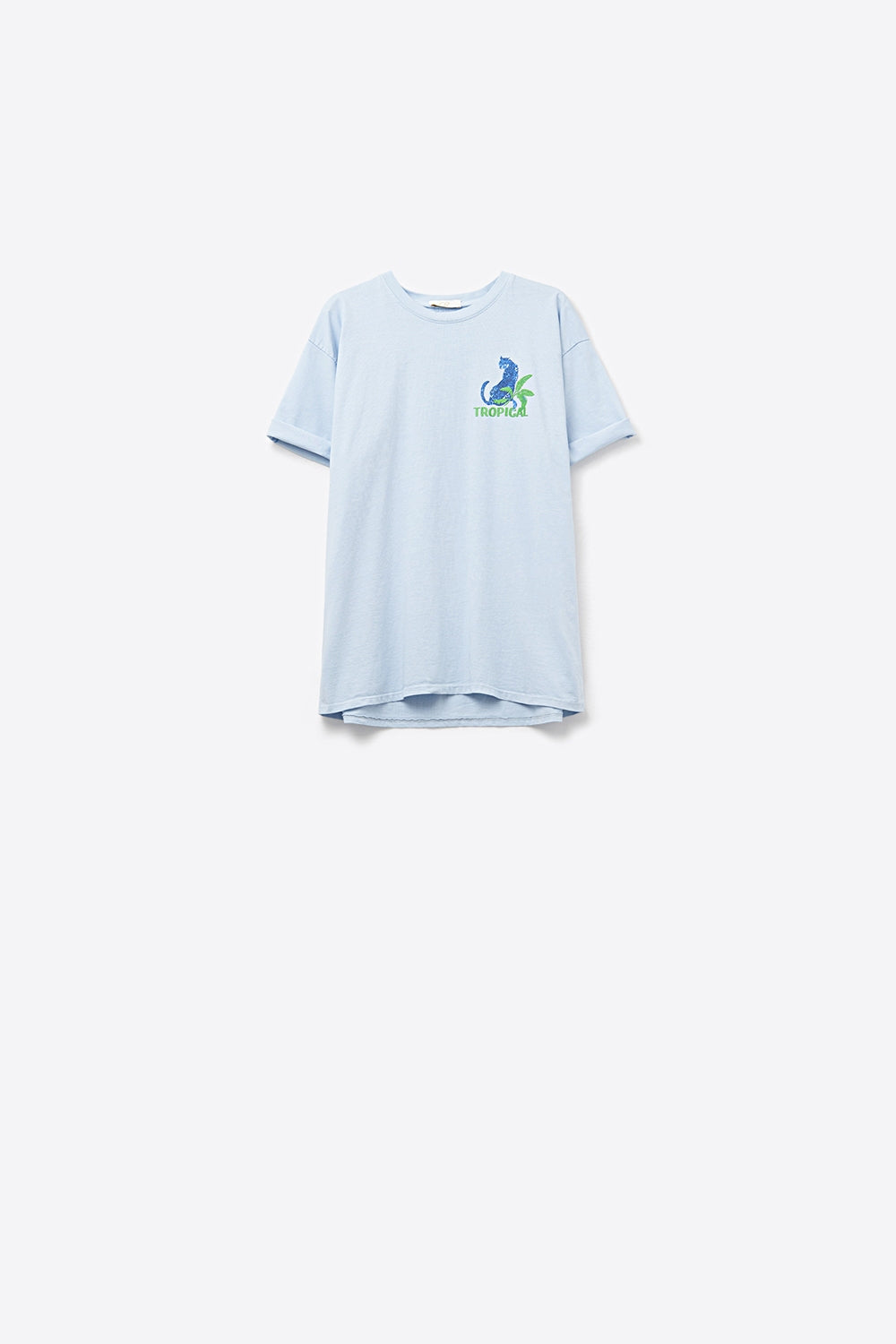 Camiseta azul feita na Itália com estampa gráfica tropical