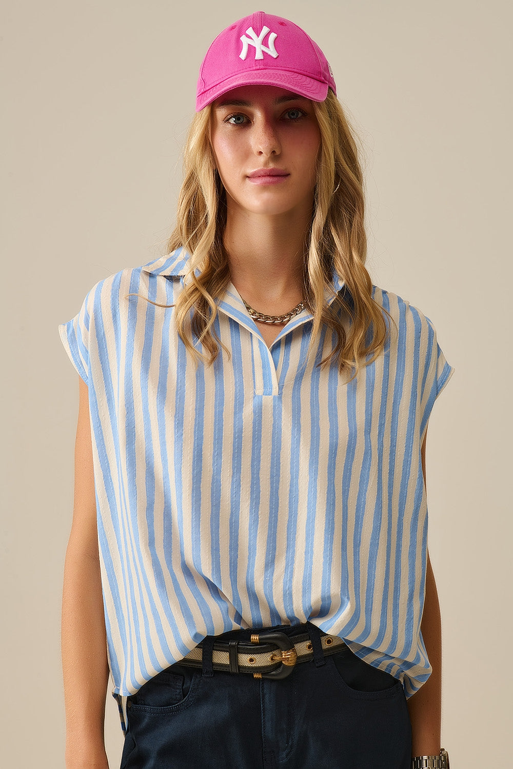 Blusa de mangas descaídas às riscas em azul