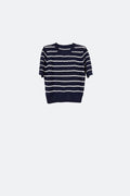 Camisola de malha aberta azul-marinho com mangas curtas e riscas brancas