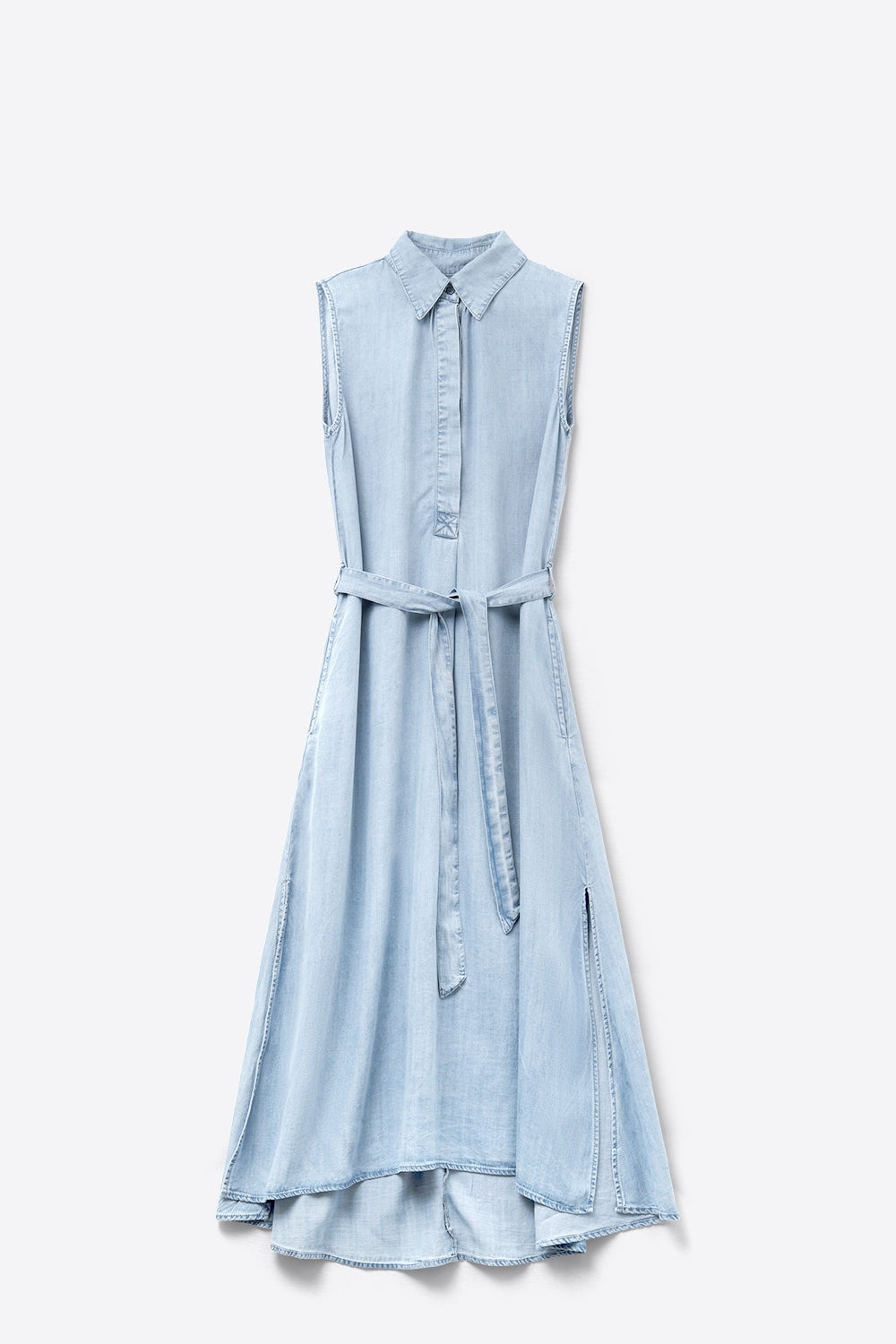 Vestido camisa sem mangas em tecido tencel em azul