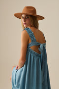 Vestido maxi azul claro com alças com folhos em tecido tencel