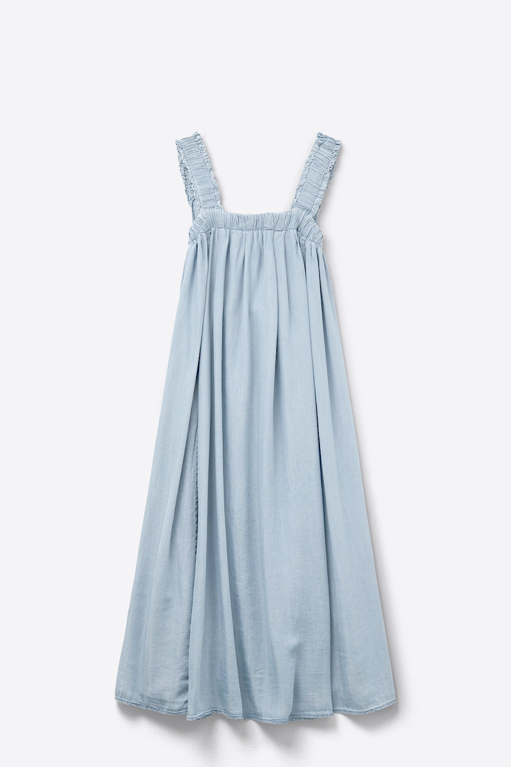 Vestido maxi azul claro com alças com folhos em tecido tencel