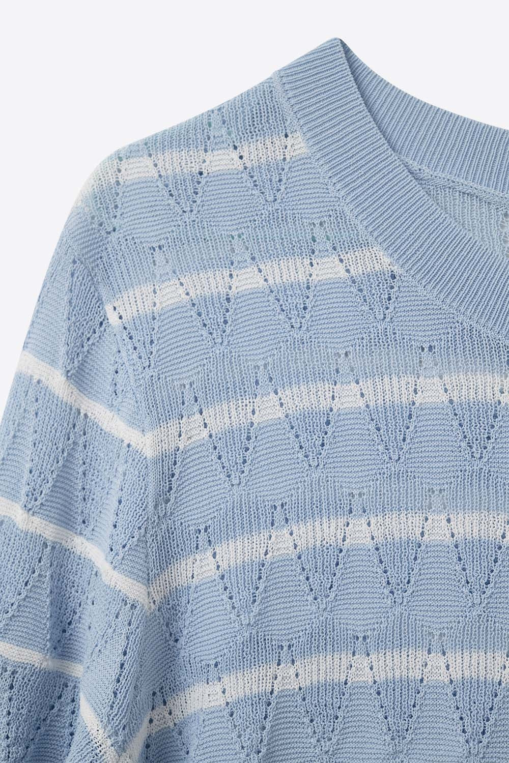Camisola de malha aberta azul-celeste com mangas curtas e riscas brancas