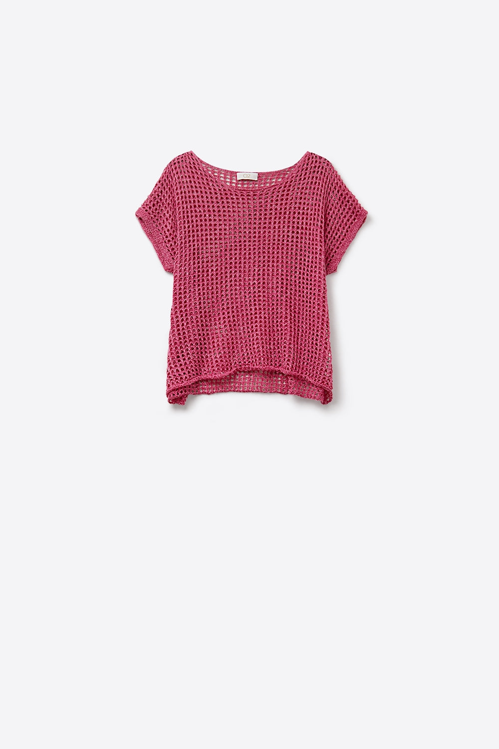 Top com mangas largas em croché de malha aberta em fuschia