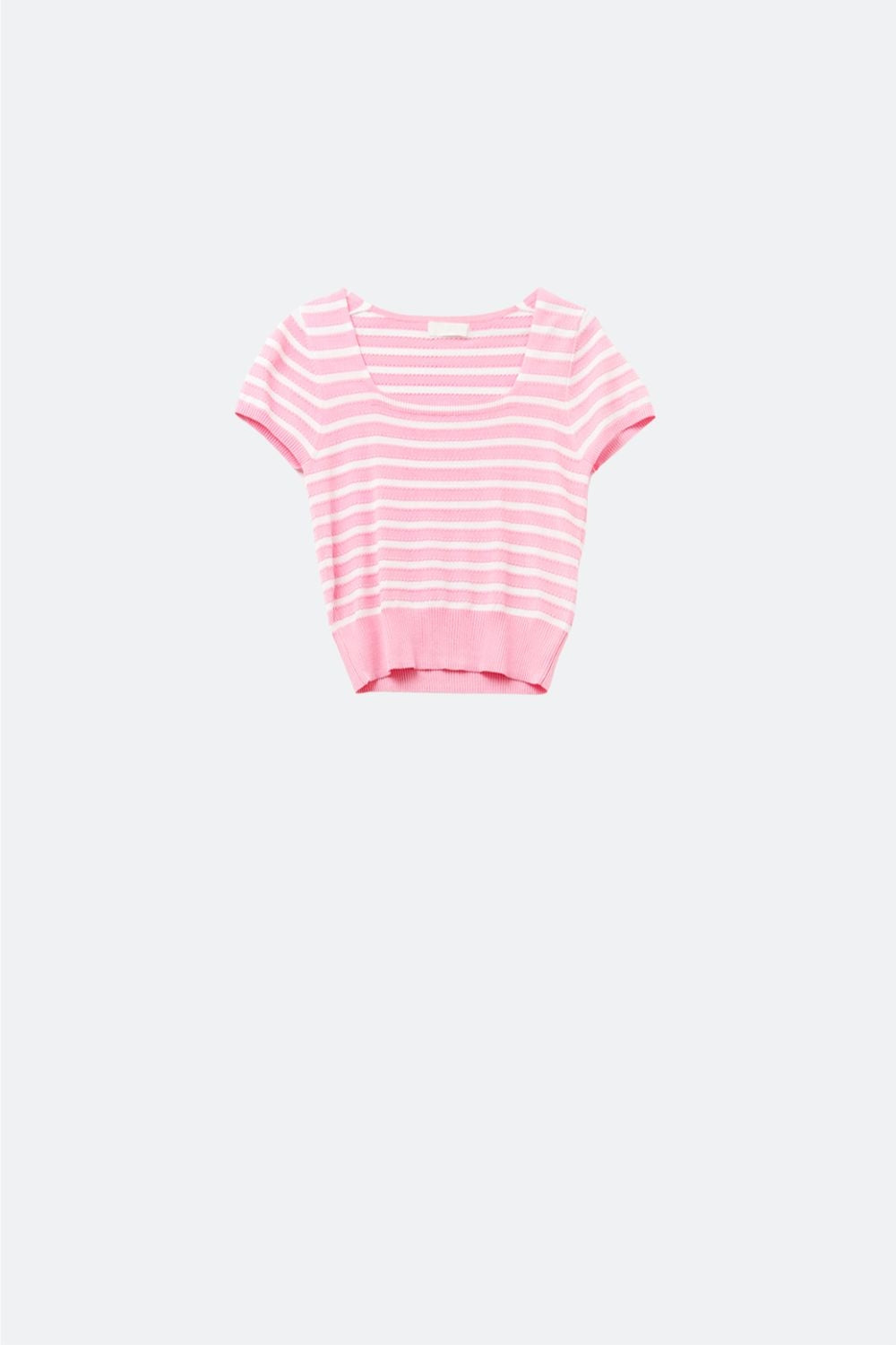 Camisola de gola quadrada às riscas em rosa e branco