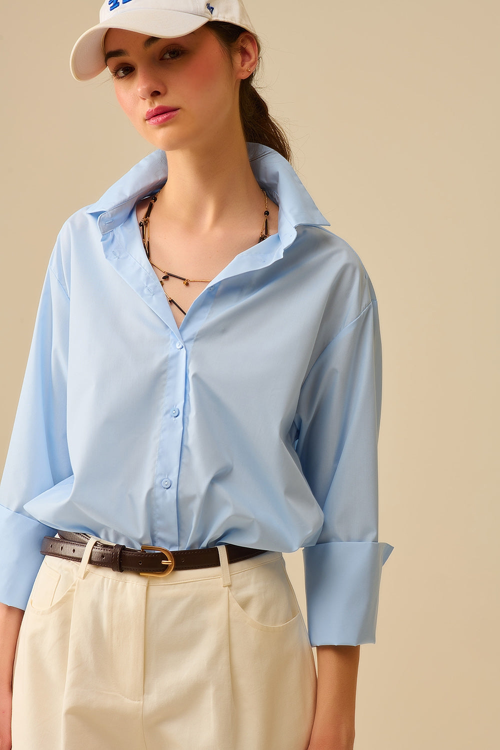 Camisa de popelina azul com punhos extra largos