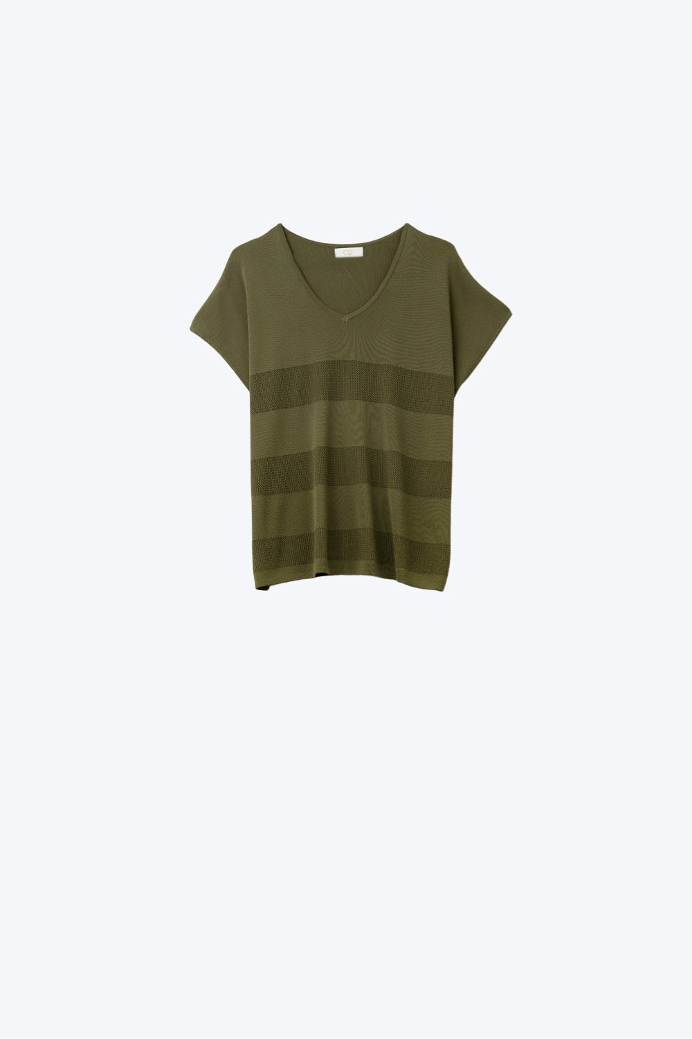 Camisola de malha cáqui com decote em V e pormenor de ponto aberto