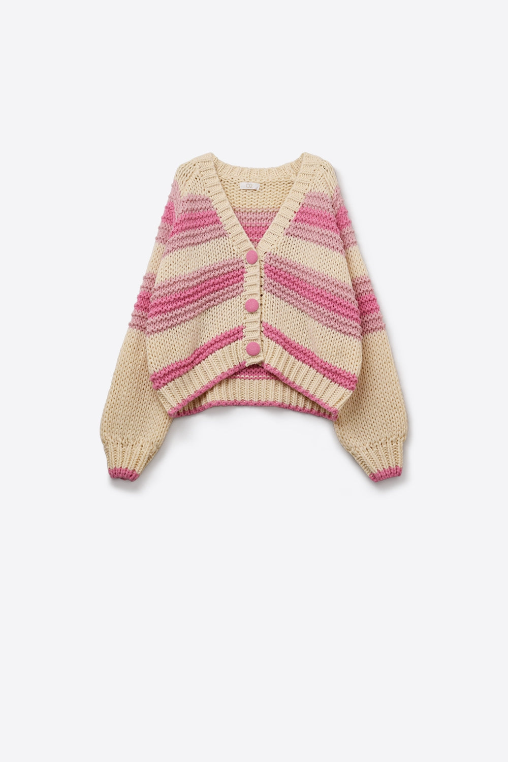 Casaco de malha volumosa com decote em V às riscas cor-de-rosa e creme