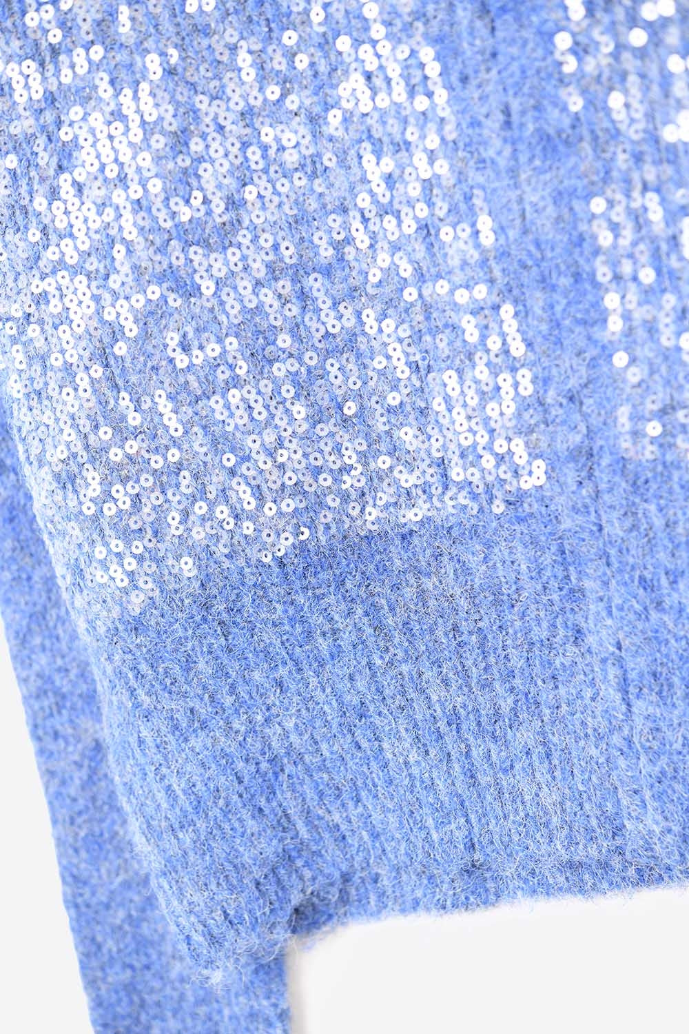 Casaco de malha fofo azul com lantejoulas e fecho de correr