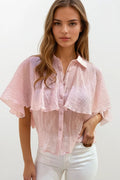 Blusa de chiffon texturada cor-de-rosa com mangas caídas