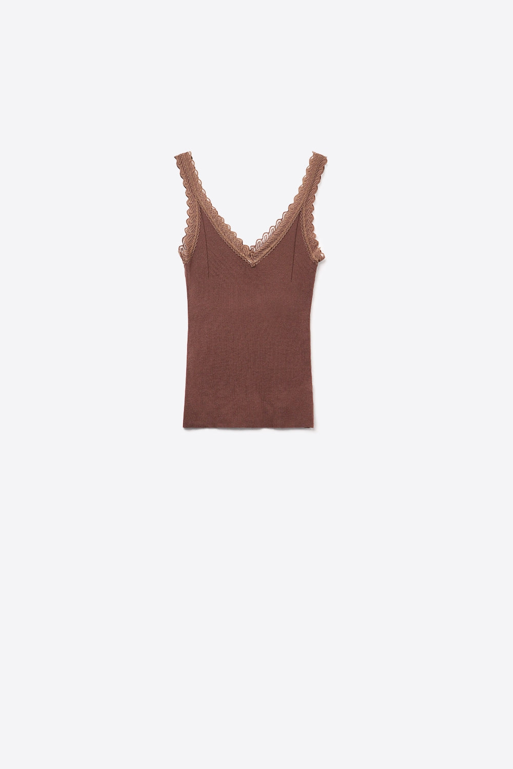 Tank Top com decote redondo e renda em castanho chocolate