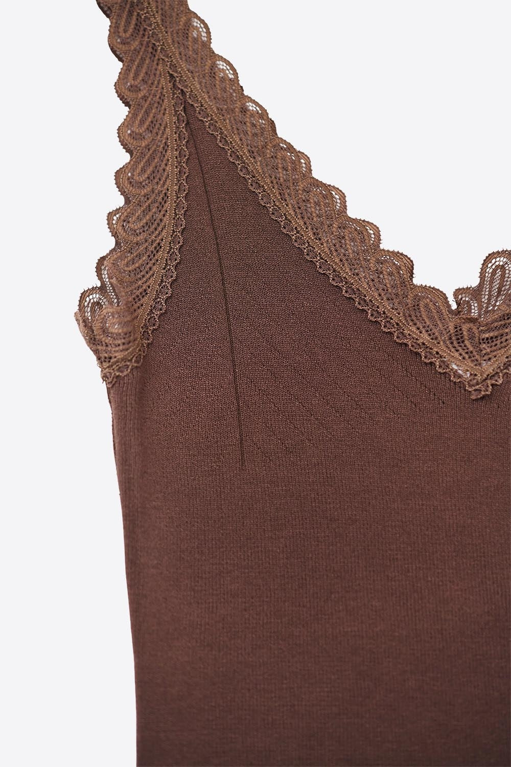 Tank Top com decote redondo e renda em castanho chocolate