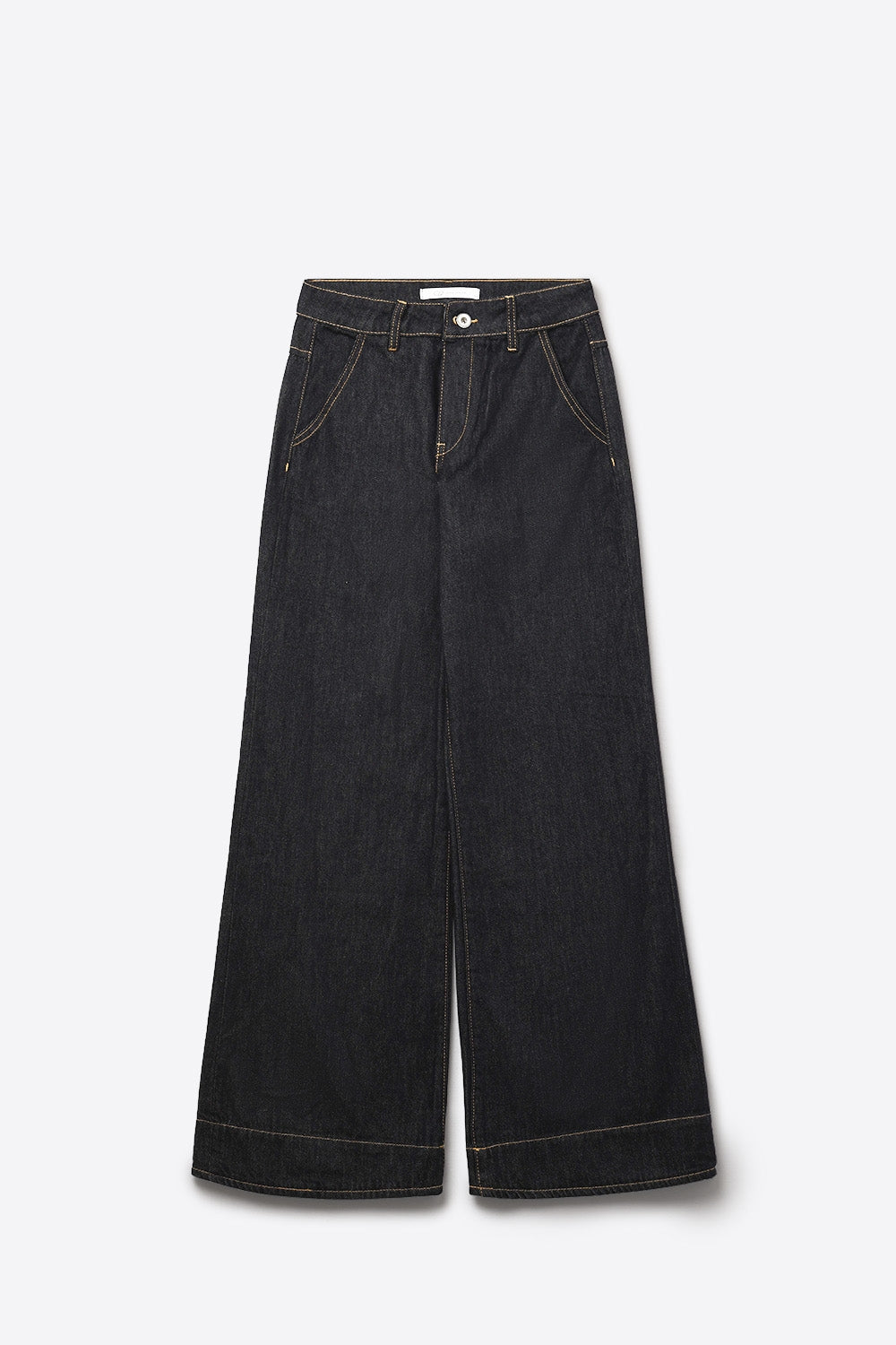 Jeans Wide-Leg de Denim Escuro com Costura em Contraste