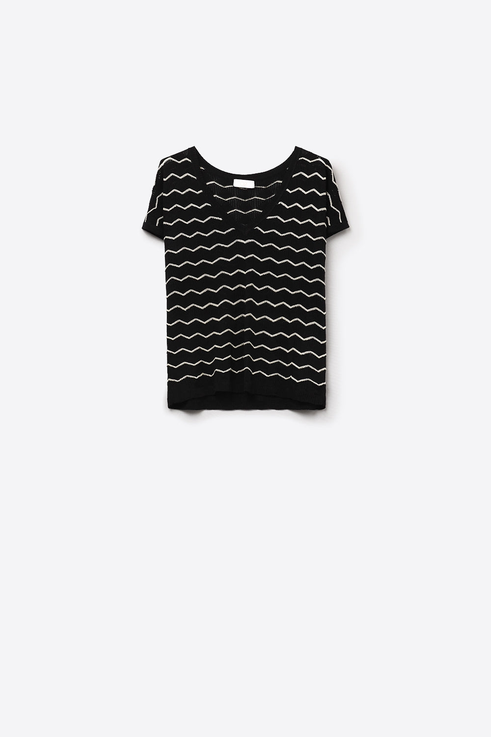 Camisola de malha com decote em V em ziguezague e mangas descaídas em preto