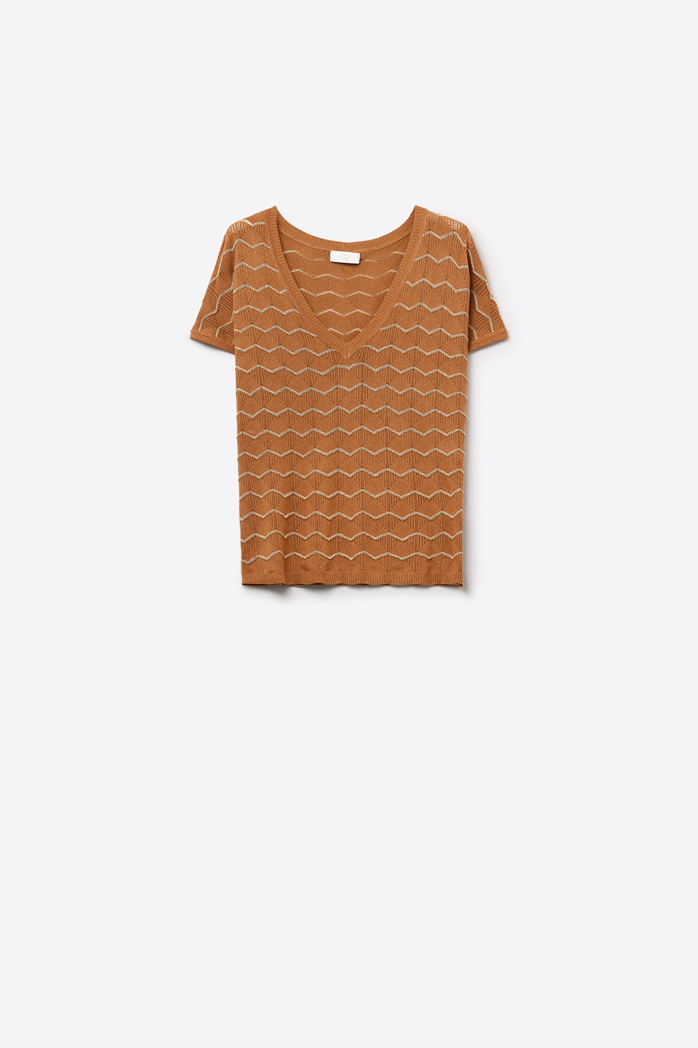 Camisola de malha com decote em V em ziguezague e mangas descaídas em castanho