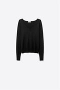 Camisola de malha fina com decote em V e pormenores decorativos no decote em preto