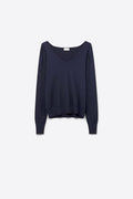 Camisola de malha fina com decote em V e pormenores decorativos no decote em azul marinho