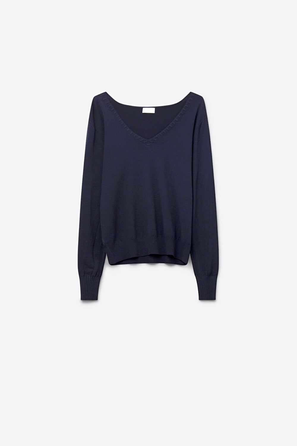 Camisola de malha fina com decote em V e pormenores decorativos no decote em azul marinho