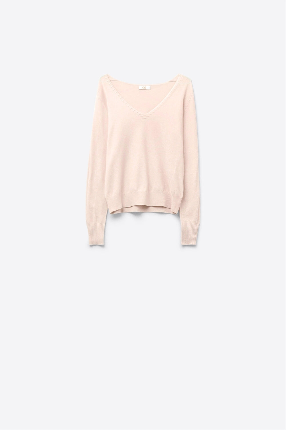 Camisola de malha fina com decote em V e pormenores decorativos no decote de cor bege