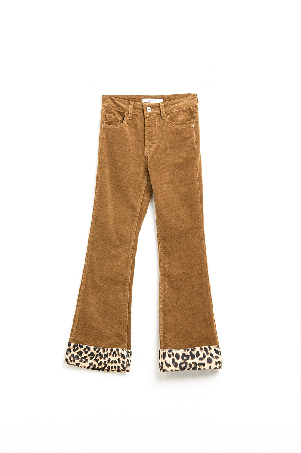Calças largas de bombazina castanha com estampado de leopardo na parte inferior